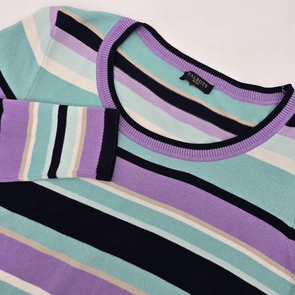 Talbots Petites Crewneck Sweater Size PM Striped Teal Purple White Black